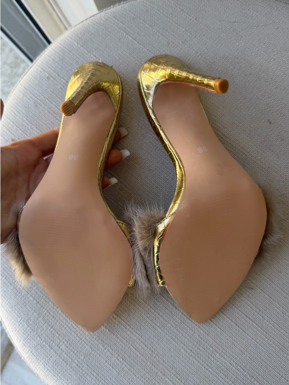 Gold Stiletto Mule with Taupe Fur Trim - Women's Luxury Slide - Picture 12 of 13